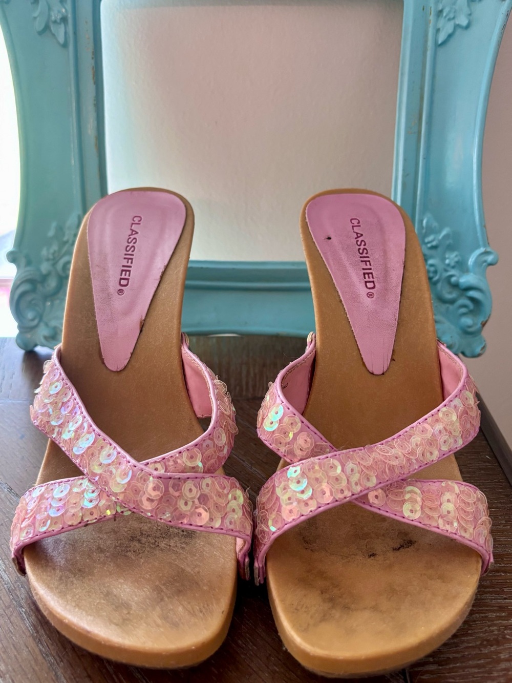 Classified Pink Sequin Crisscross Slide Mules